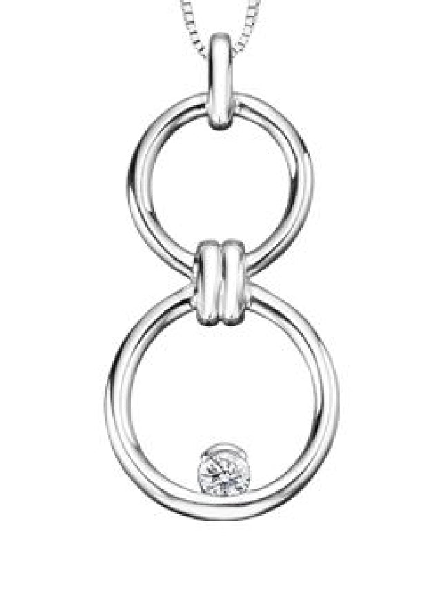 Lady's sterling silver 'Forever Jewellery' DOUBLE CIRCLE pendant set with 1 x 0.10ct round brilliant cut CANADIAN diamond on a fine box link chain