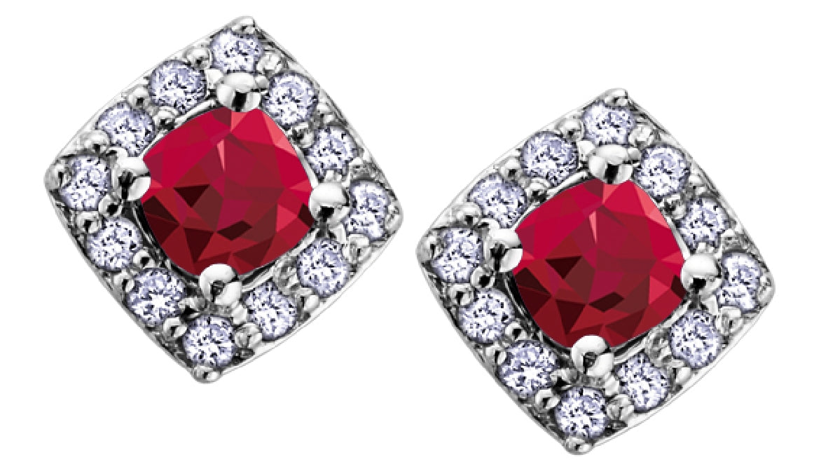 **CLEARANCE**
Lady's 10kt white gold stud earrings set with genuine garnet and 24 round brilliant cut diamonds = 0.12ct total weight