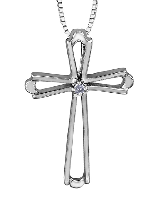 Lady's 10kt white gold 'Forever Jewellery' CROSS pendant set with 1 x 0.01ct round brilliant cut diamond on a fine box link chain