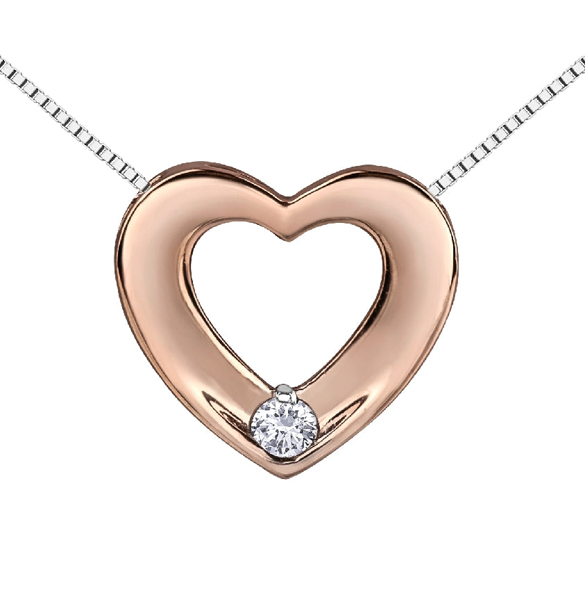Lady's 10kt rose gold 'Forever Jewellery' Heart pendant set with 1 x 0.03ct round brilliant cut CANADIAN diamond on a fine box link chain