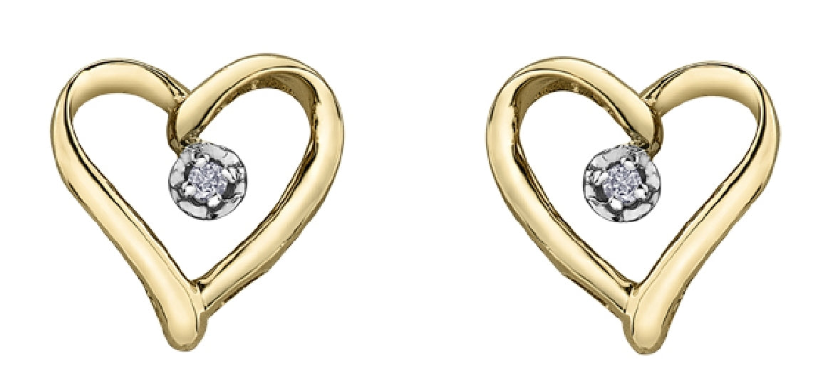 Lady's 10kt yellow gold 'Forever Jewellery' diamond set heart earrings set with 2 round brilliant cut diamonds = 0.015ct tw