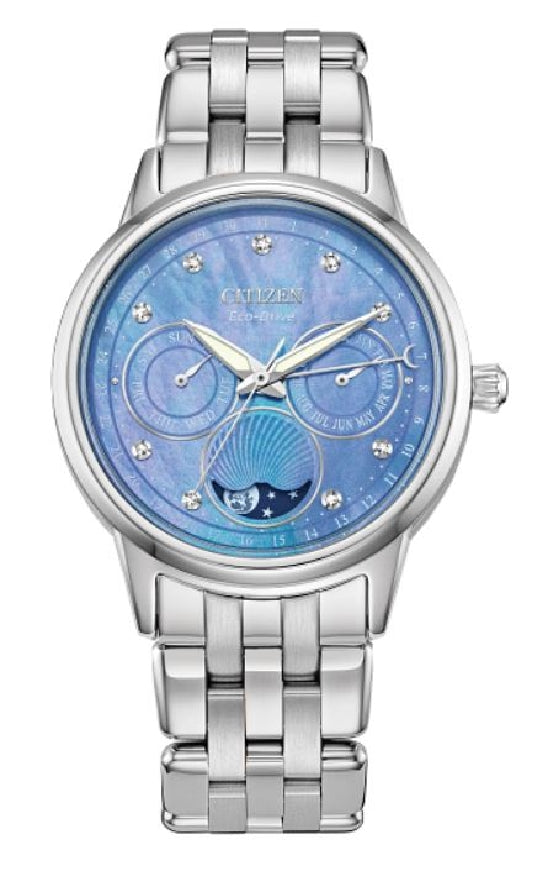 Lady's stainless steel CITIZEN ECO-DRIVE Moon phase watch
#FD0000-52N set with 9 diamonds