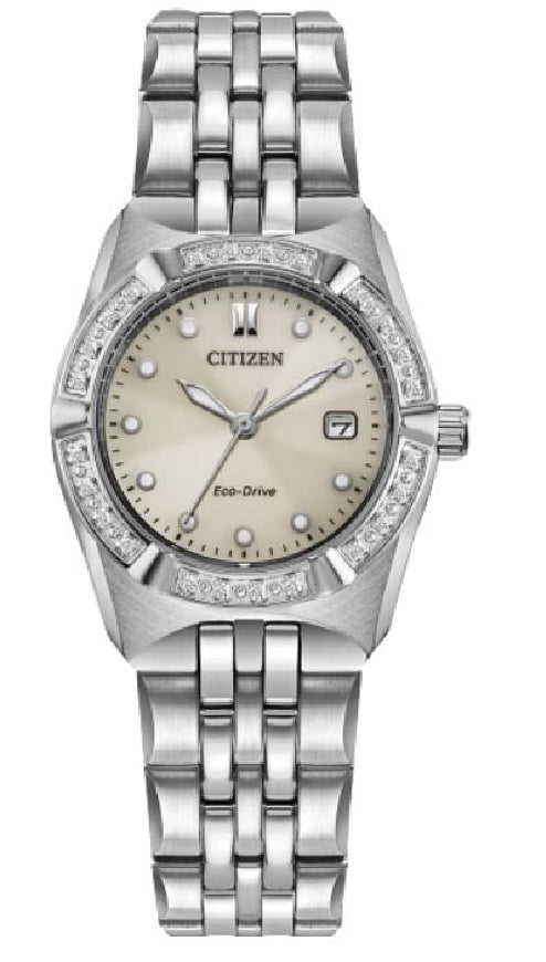 Lady's CITIZEN ECO-DRIVE 'Corso' watch featuring a 24 diamond-accented bezel with a taupe dial and stainless steel bracelet
#EW2710-51X