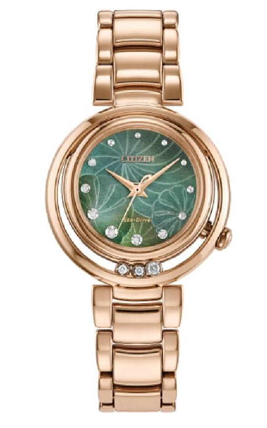 Lady's rose gold tone CITIZEN ECO-DRIVE 'L Arcly' watch with accent diamonds and mother-of-pearl dial #EM1113-58Y