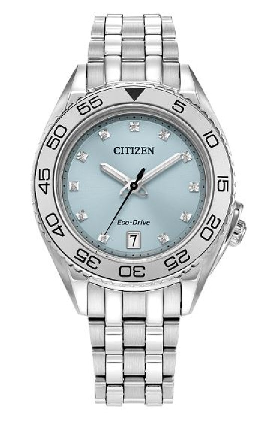 Lady's stainless steel CITIZEN ECO-DRIVE 'Sport Luxury' watch
set with 11 diamonds
#FE6161-54L