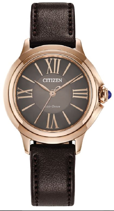 Lady's gold-tone stainless steel CITIZEN ECO-DRIVE 'Ceci' watch with brown leather strap #EM1163-09X