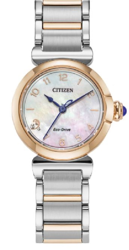 Lady's two tone stainless steel CITIZEN ECO-DRIVE 'L Mae' watch with mother-of-pearl dial #EM1136-87D