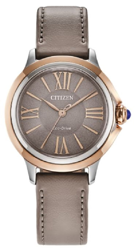 Lady's silver and pink tone stainless steel CITIZEN ECO-DRIVE 'Ceci' watch with taupe leather strap #EM1166-01Z