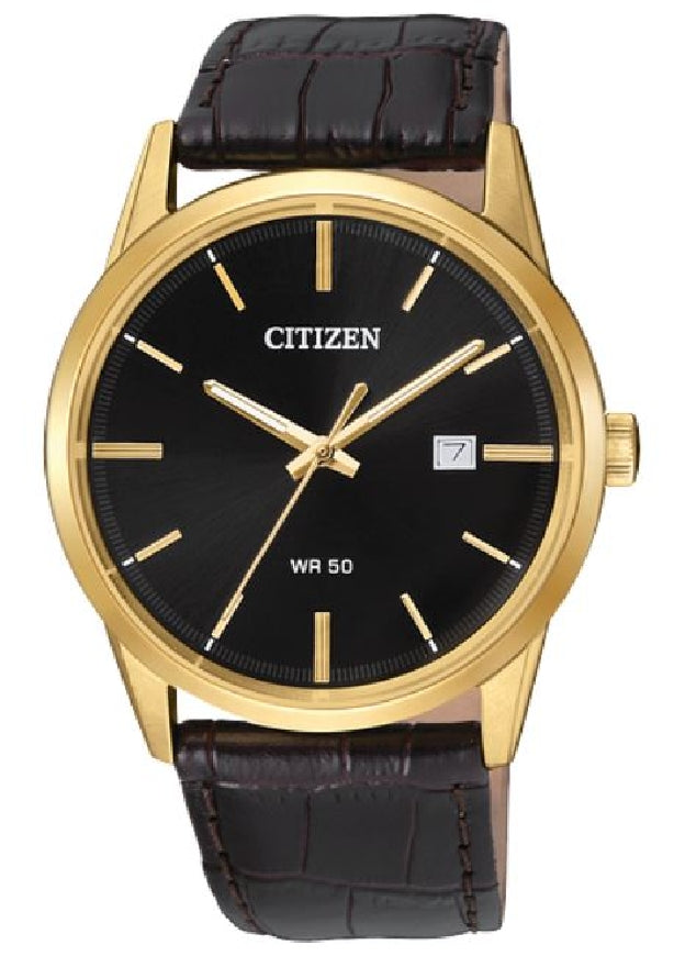 Gent's CITIZEN quartz watch with a gold tone stainless steel case and black leather strap with a black dial #BI5002-06E