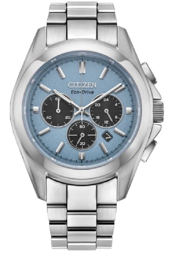 Gent's stainless steel CITIZEN ECO-DRIVE 'Sport Luxury' watch with light blue dial #CA4680-55L