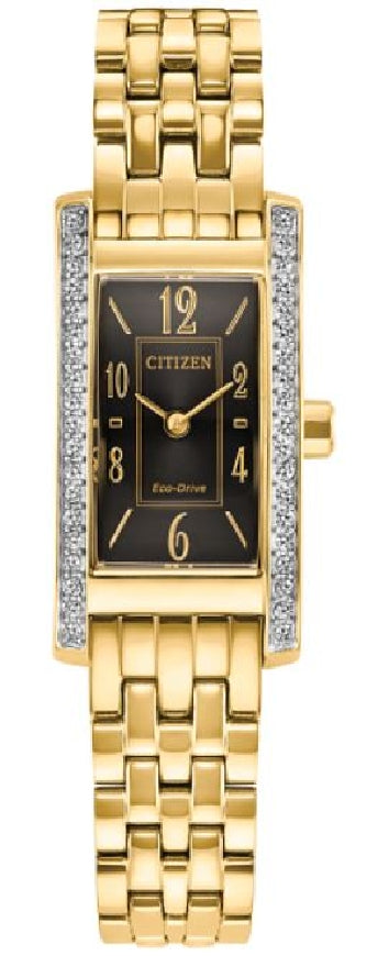 Lady's gold tone stainless steel CITIZEN ECO-DRIVE 'Petite Palidoro' watch with rectangular form accented by crystals on either side of bezel #EG7112-59E
