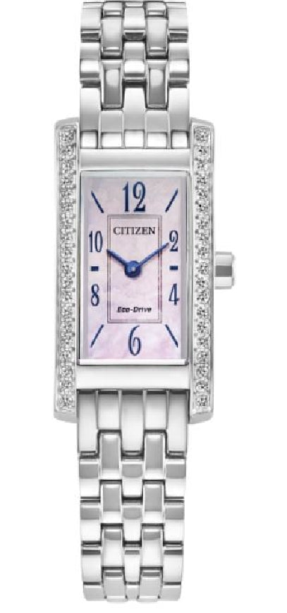 Lady's stainless steel CITIZEN ECO-DRIVE 'Petite Palidoro' watch with rectangular form accented by crystals on either side of bezel #EG7110-54Y