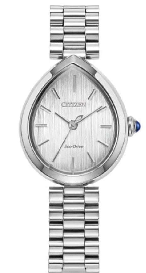 Lady's CITIZEN ECO-DRIVE silver tone stainless steel watch with white brushed dial #EM1200-55A