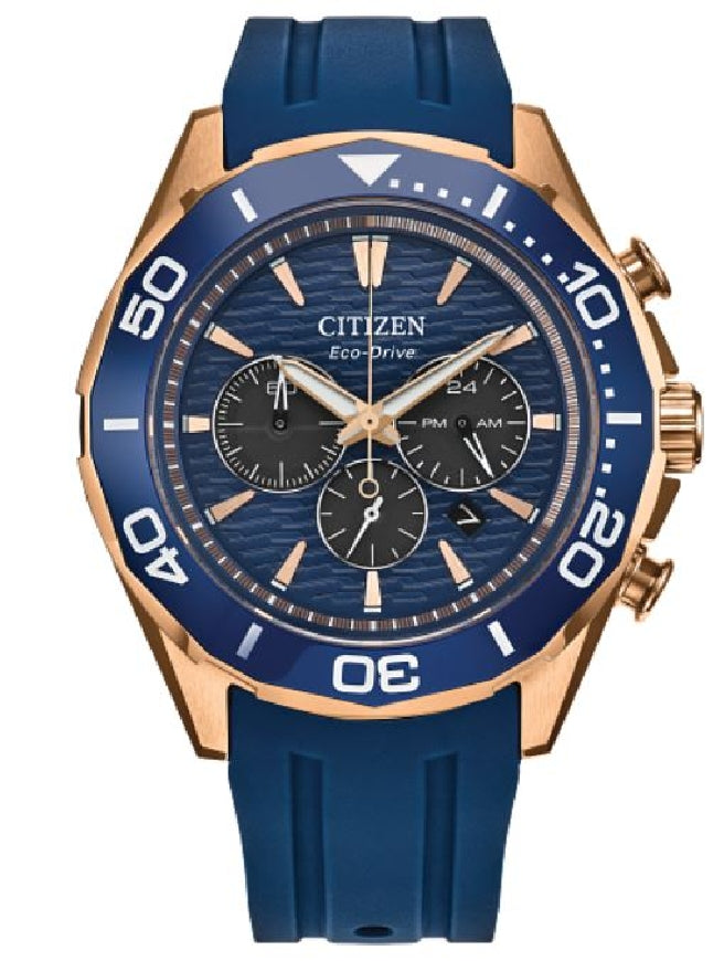 Rose gold-tone stainless steel CITIZEN ECO-DRIVE 'Endeavor Chrono' watch with blue dial and strap #CA4733-00L