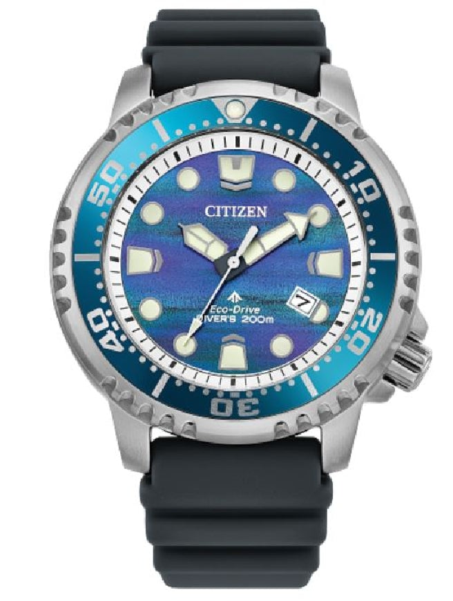 Gent's CITIZEN ECO-DRIVE 'Promaster Dive' stainless steel watch
with hues of the sea dial and luminous accents for quick readability
BN0167-09W
