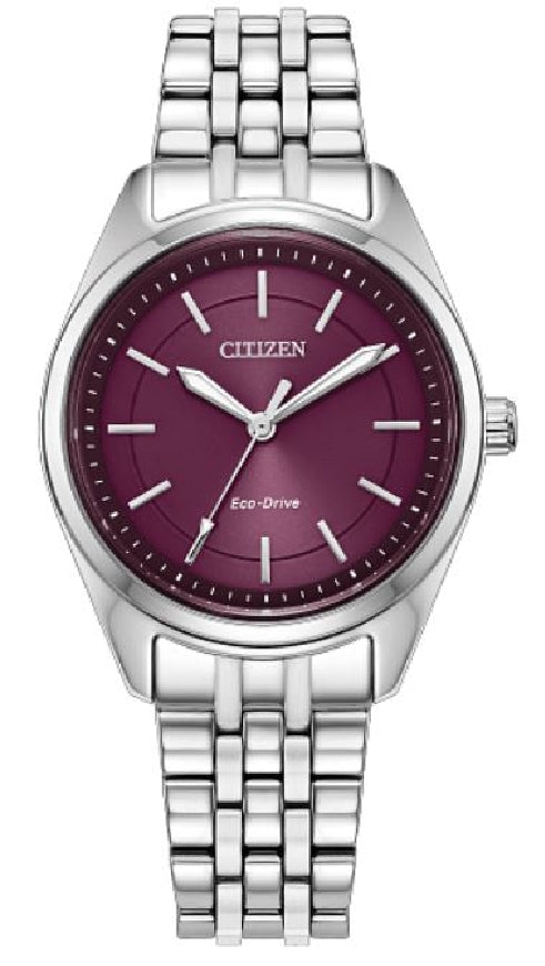 Lady's stainless steel CITIZEN ECO-DRIVE 'Peyten' watch with raspberry coloured dial #EM1230-54X