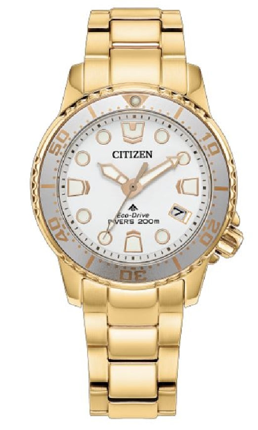 Lady's CITIZEN ECO-DRIVE 'Promaster Dive' yellow gold-tone stainless steel watch with matte white dial #EO2029-54A