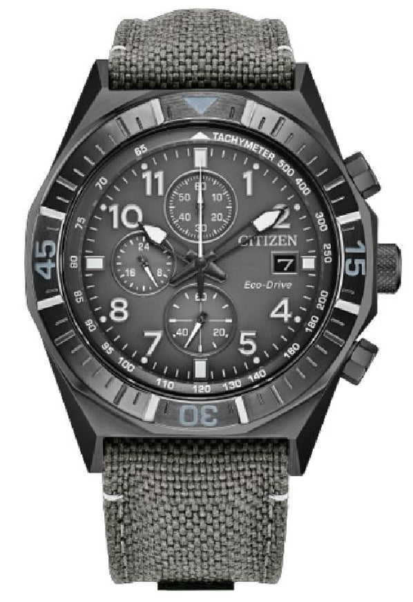 Gent's gray-tone stainless steel CITIZEN ECO-DRIVE 'Nighthawk' watch with leather strap #CA0897-04H