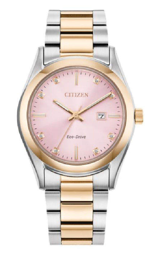 Lady's CITIZEN ECO-DRIVE 'Sport' two tone stainless steel watch with pink face and 8 diamonds and sapphire cyrstal
EW2706-58X