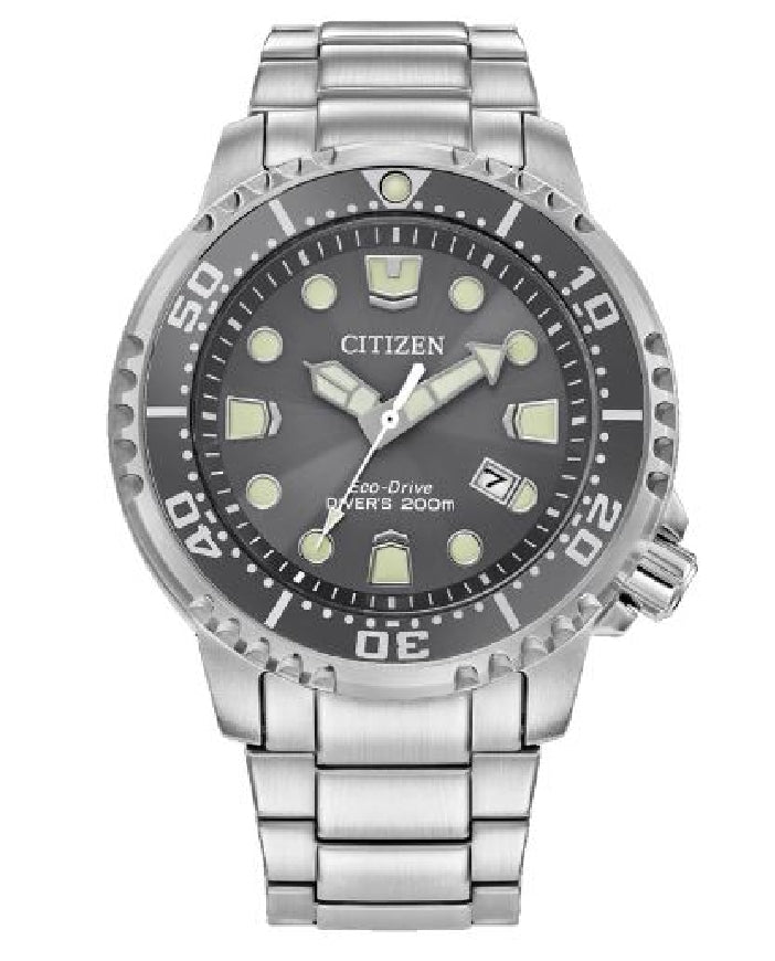 Gent's CITIZEN ECO-DRIVE 'Promaster Dive' stainless steel watch
with grey sunray dial and luminous accents for quick readability
BN0167-50H