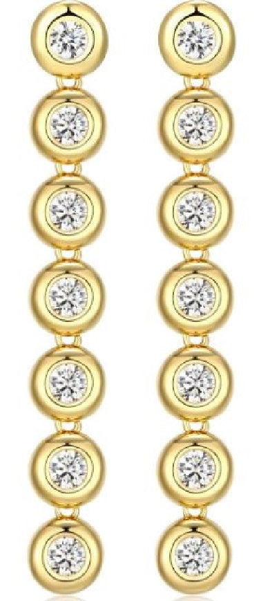 Sterling silver gold plated REIGN long drop earrings, bezel set with cubic zirconia