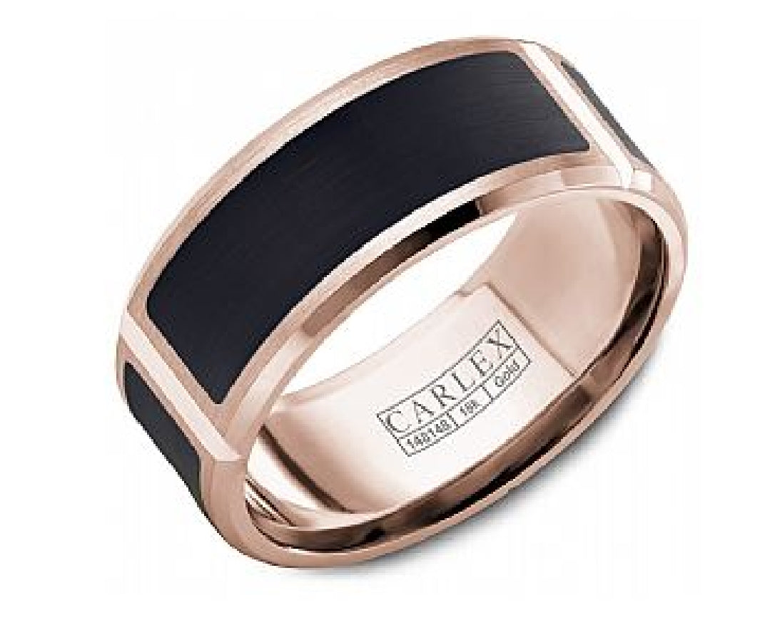 Gent's Forged carbon fibre & 14kt rose gold CARLEX G2 Luxury wedding band in 9mm width
Ring size = 10