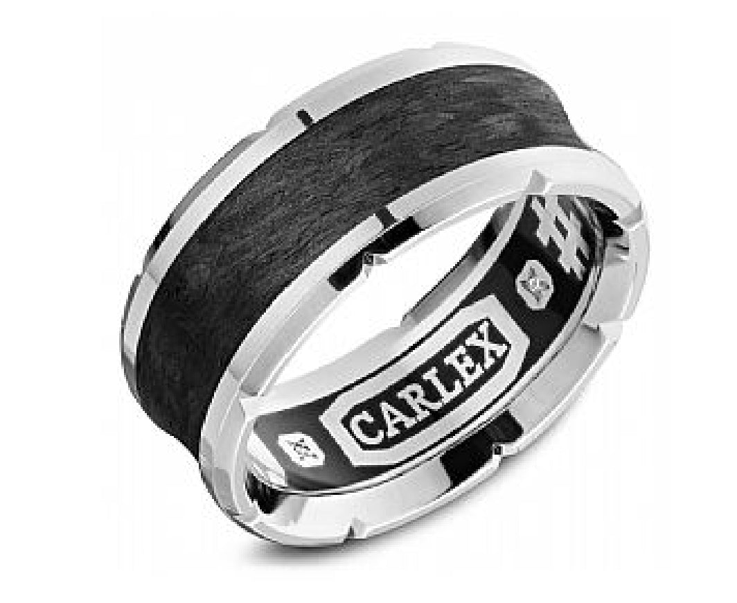 Gent's Forged carbon fibre & 14kt white gold CARLEX G4 Luxury wedding band in 9mm width set with 6 round brilliant cut diamonds 
= 0.01ct tw
Ring size = 10