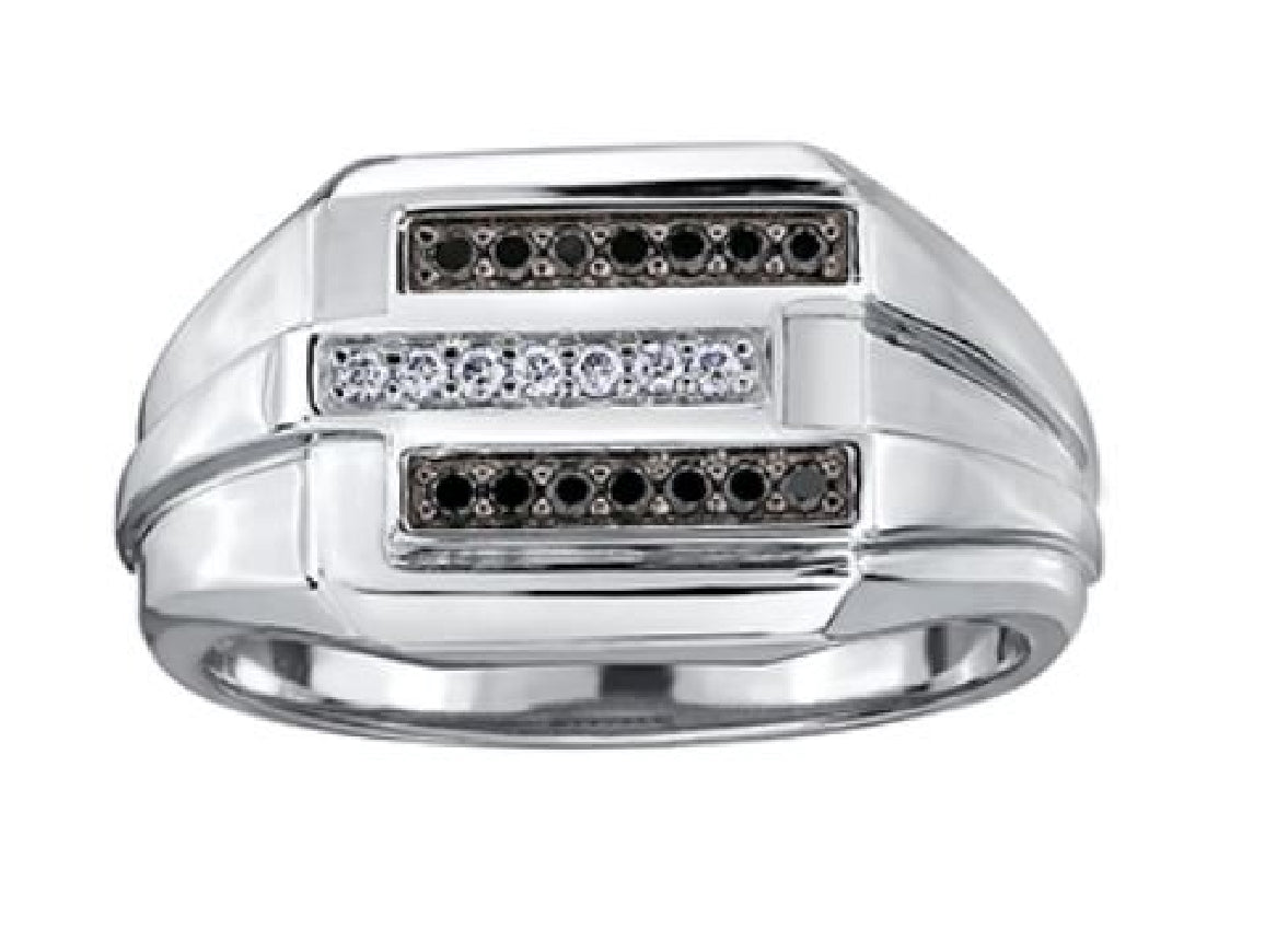 **CLEARANCE**
Gent's 10kt white gold dress ring set with 14 treated black diamonds = 0.14ct and 7 round brilliant cut diamonds = 0.07ct