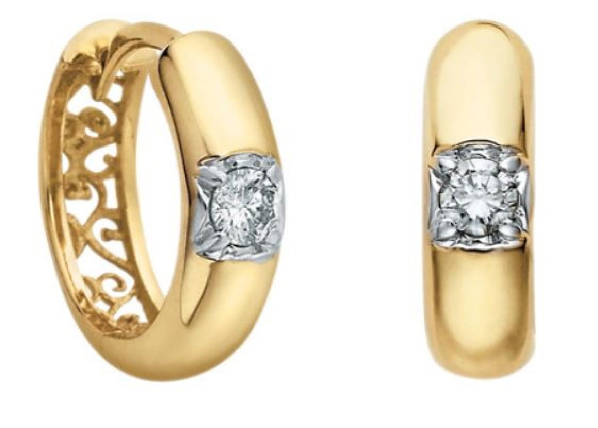 **CLEARANCE**
10kt yellow gold hoop earrings set with 2 round brilliant cut diamonds = 0.33ct tw