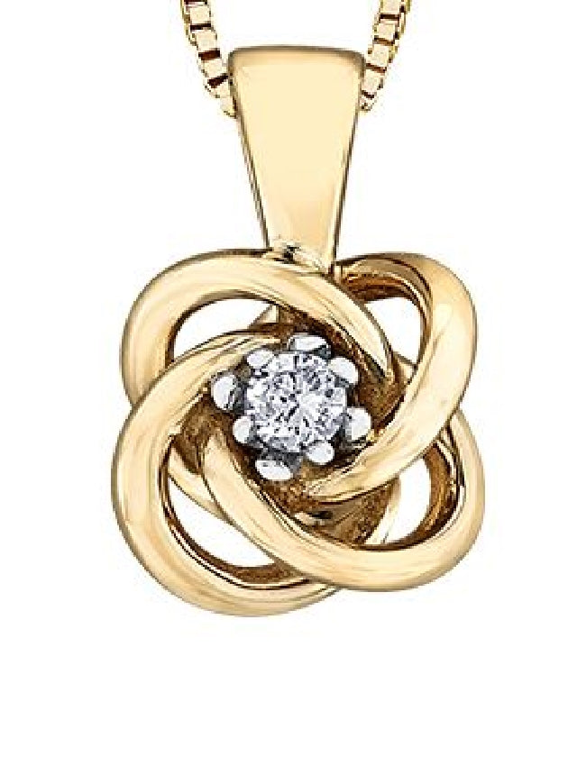 Lady's 10kt yellow gold 'Forever Jewellery' Knot pendant set with 1 x 0.04ct round brilliant cut CANADIAN diamond on a fine box link chain