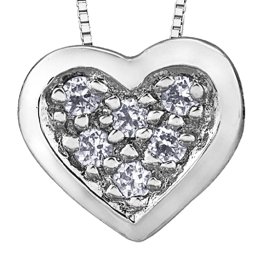 Lady's 10kt white gold 'Forever Jewellery' heart pendant set with 6 round brilliant cut diamonds = 0.05ct tw on a fine box link chain