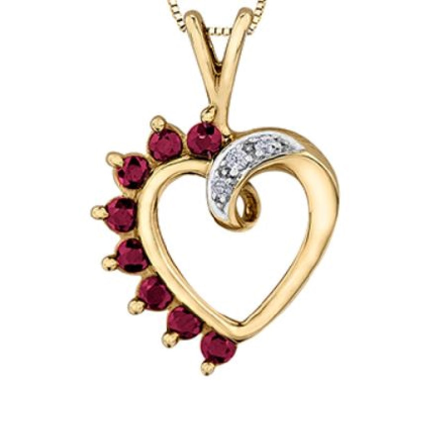 Lady's 10kt yellow gold 'Forever Jewellery' heart pendant set with 8 genuine rubies and 3 round brilliant cut diamonds = 0.03ct on a fine box link chain