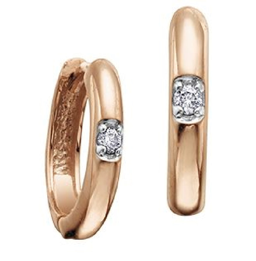 Lady's 10kt rose gold FOREVER JEWELLERY huggie earrings set with 2 round brilliant cut CANADIAN diamonds=0.04ct total weight