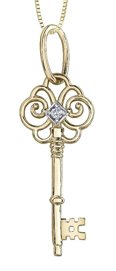 Lady's 10kt yellow gold 'Forever Jewellery' Key pendant set with 1 x 0.02ct round brilliant cut CANADIAN diamond on a fine box link chain in 18' length