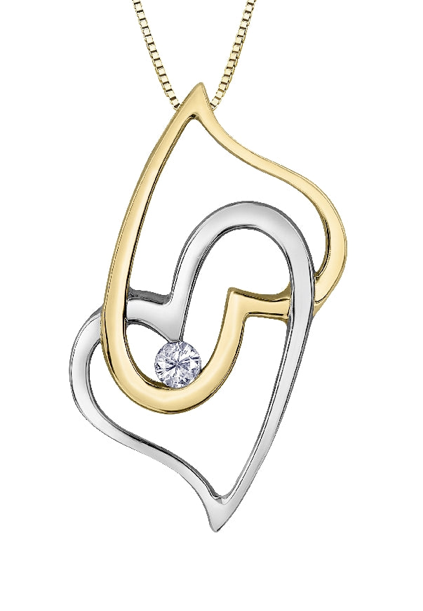 Lady's 10kt yellow & white gold 'Forever Jewellery' Double heart pendant set with 1 x 0.03ct round brilliant cut CANADIAN diamond on a fine box link chain in 18' length