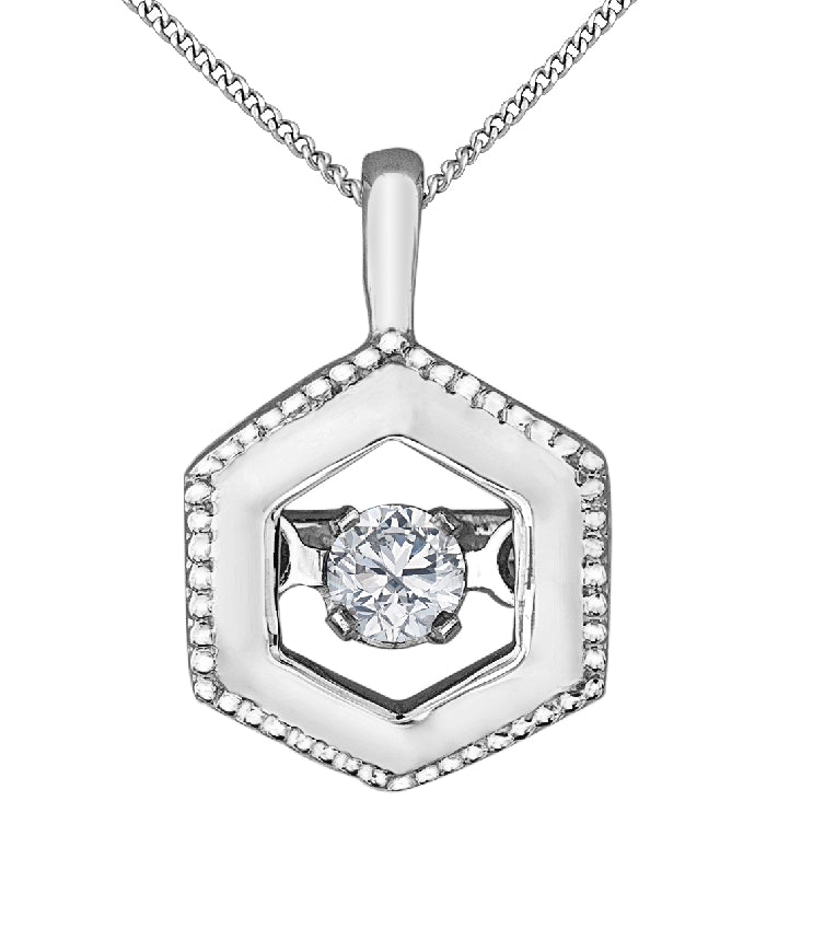 Lady's 10kt white gold 'Forever Jewellery' Hexagon pendant set with 1 x 0.04ct round brilliant cut CANADIAN diamond on a fine box link chain