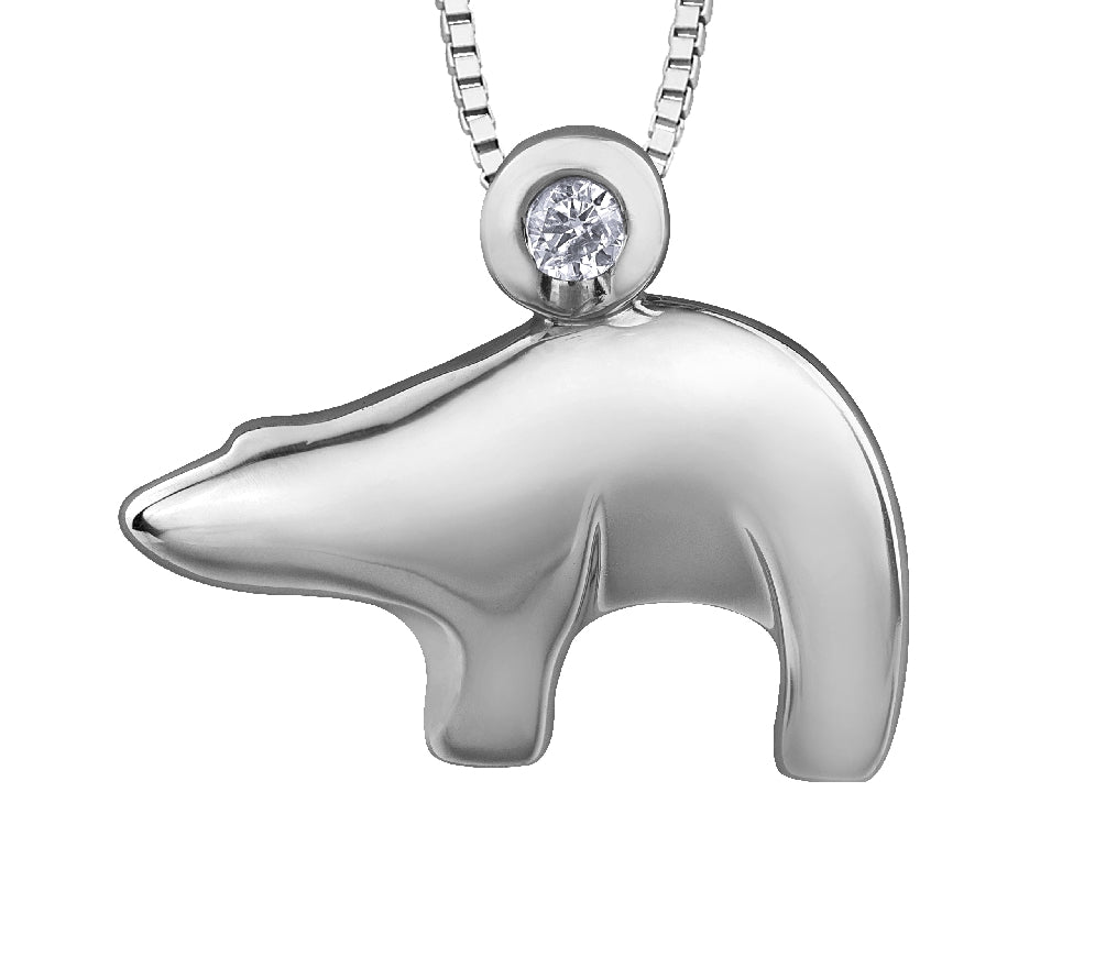Lady's sterling silver 'Forever Jewellery' POLAR BEAR pendant set with 1 x 0.05ct round brilliant cut CANADIAN diamond on a fine box link chain