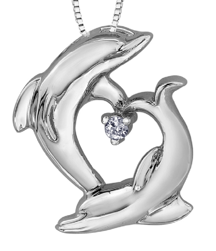 Lady's 10kt white gold 'Forever Jewellery' solitaire DOLPHIN pendant set with 1 x 0.007ct round brilliant cut diamond on a fine box link chain