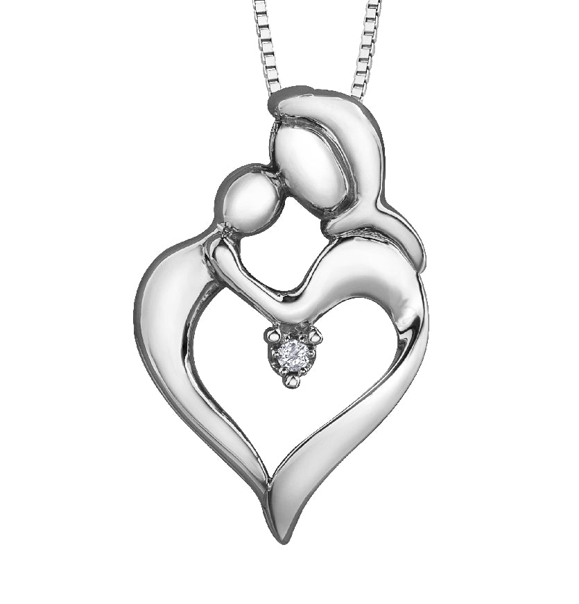 Lady's sterling silver 'Forever Jewellery' MOTHER & CHILD HEART pendant set with 1 x 0.01ct round brilliant cut CANADIAN diamond on a box link chain in 18' length