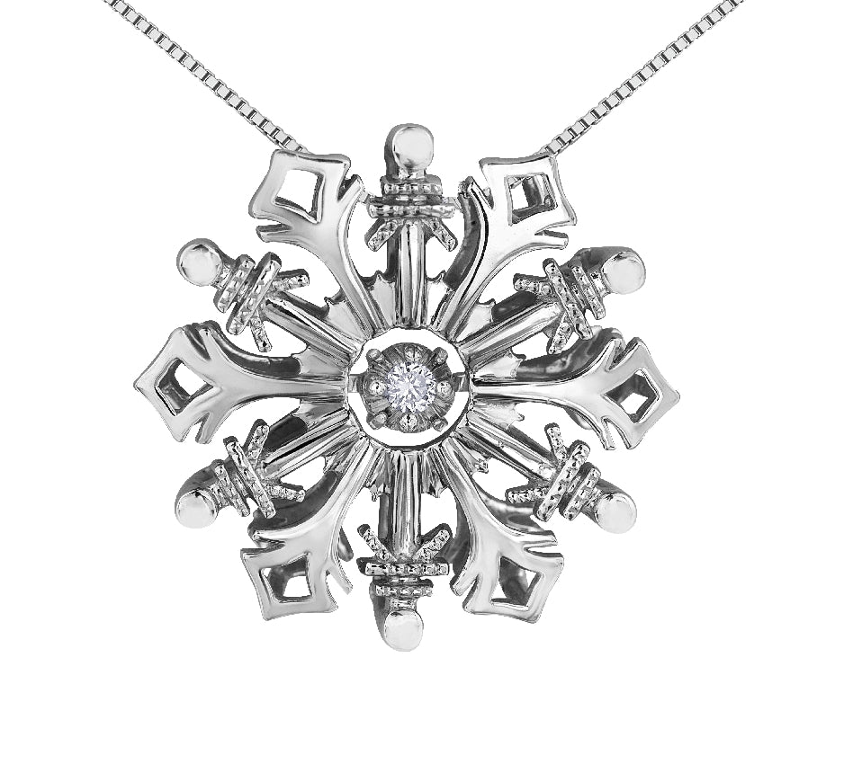 Lady's sterling silver 'Forever Jewellery' Snowflake 'PULSE' pendant set with 1 x 0.03ct round brilliant cut CANADIAN diamond on a fine box link chain