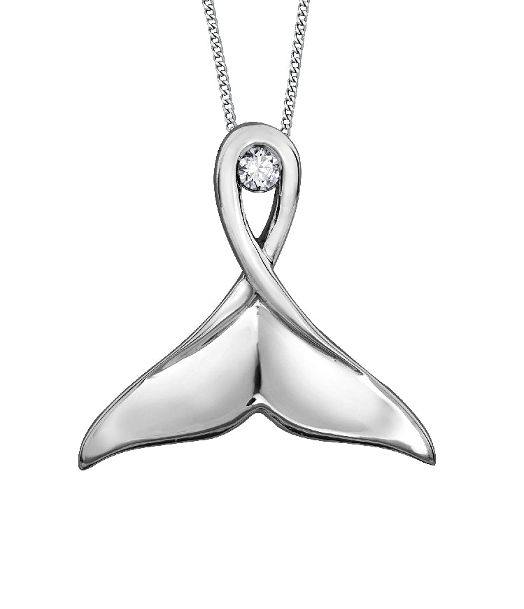 Lady's 10kt white gold 'Forever Jewellery' Whale Tail pendant set with 1 x 0.04ct round brilliant cut CANADIAN diamond on a fine box link chain