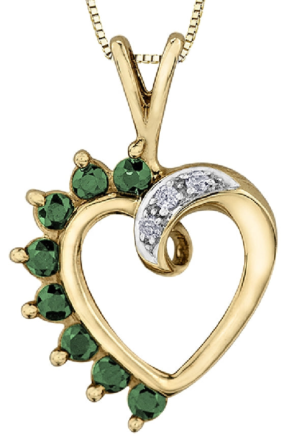 Lady's 10kt yellow gold 'Forever Jewellery' heart pendant set with 8 genuine emeralds and 3 round brilliant cut diamonds = 0.03ct on a fine box link chain
