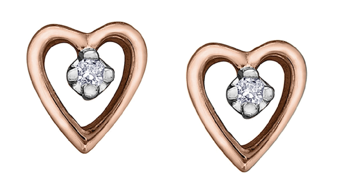 Lady's 10kt rose & white gold 'Forever Jewellery' diamond stud heart earrings set with 2 round brilliant cut diamonds = 0.02ct tw