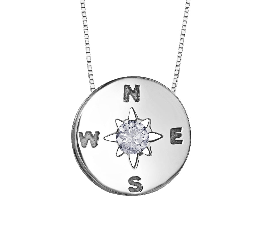 Lady's sterling silver 'Forever Jewellery' COMPASS pendant set with 1 x 0.13ct round brilliant cut CANADIAN diamond on a box link chain in 18' length