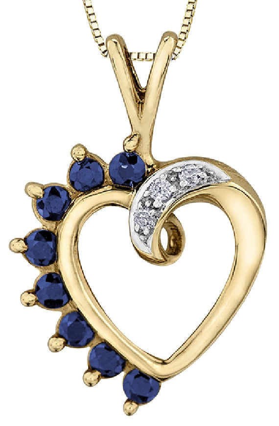 Lady's 10kt yellow gold 'Forever Jewellery' heart pendant set with 8 genuine sapphires and 3 round brilliant cut diamonds = 0.03ct on a fine box link chain