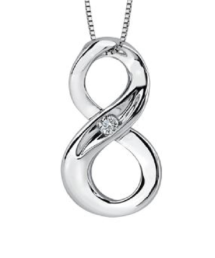 Lady's sterling silver 'Forever Jewellery' INFINITY pendant set with 1 x 0.06ct round brilliant cut CANADIAN diamond on a fine box link chain