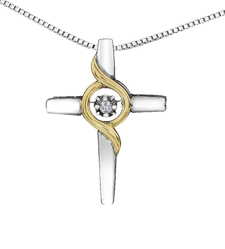Lady's sterling silver & 10kt yellow gold 'Forever Jewellery' PULSE Cross pendant set with 1 x 0.03ct round brilliant cut CANADIAN diamond on a fine box link chain