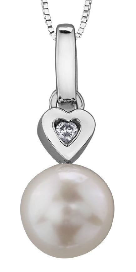 Lady's 10kt white gold 'Forever Jewellery' pendant set with one 6mm pearl and 1 x 0.01ct round brilliant cut diamond on a fine box link chain