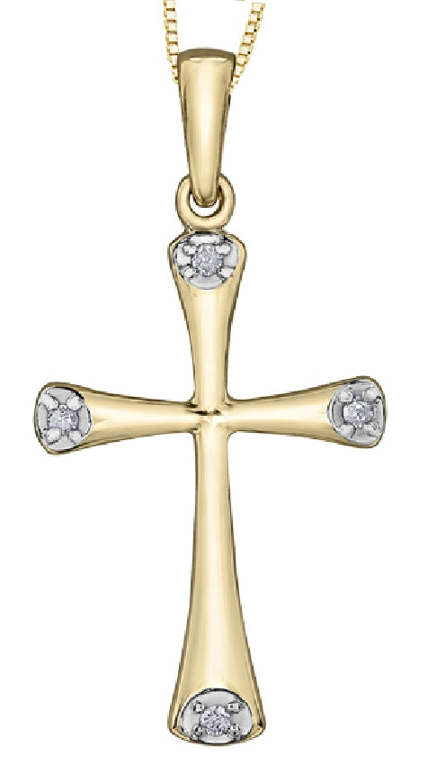 Lady's 10kt yellow gold 'Forever Jewellery' CROSS pendant set with 4 = 0.03ct round brilliant cut diamonds on a fine box link chain
