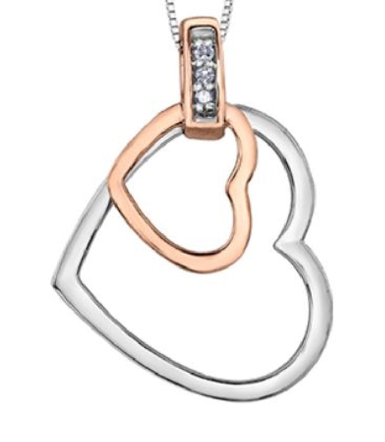 Lady's 10kt rose and white gold 'Forever Jewellery' heart pendant set with 3 single cut diamonds = 0.015ct on a fine box link chain